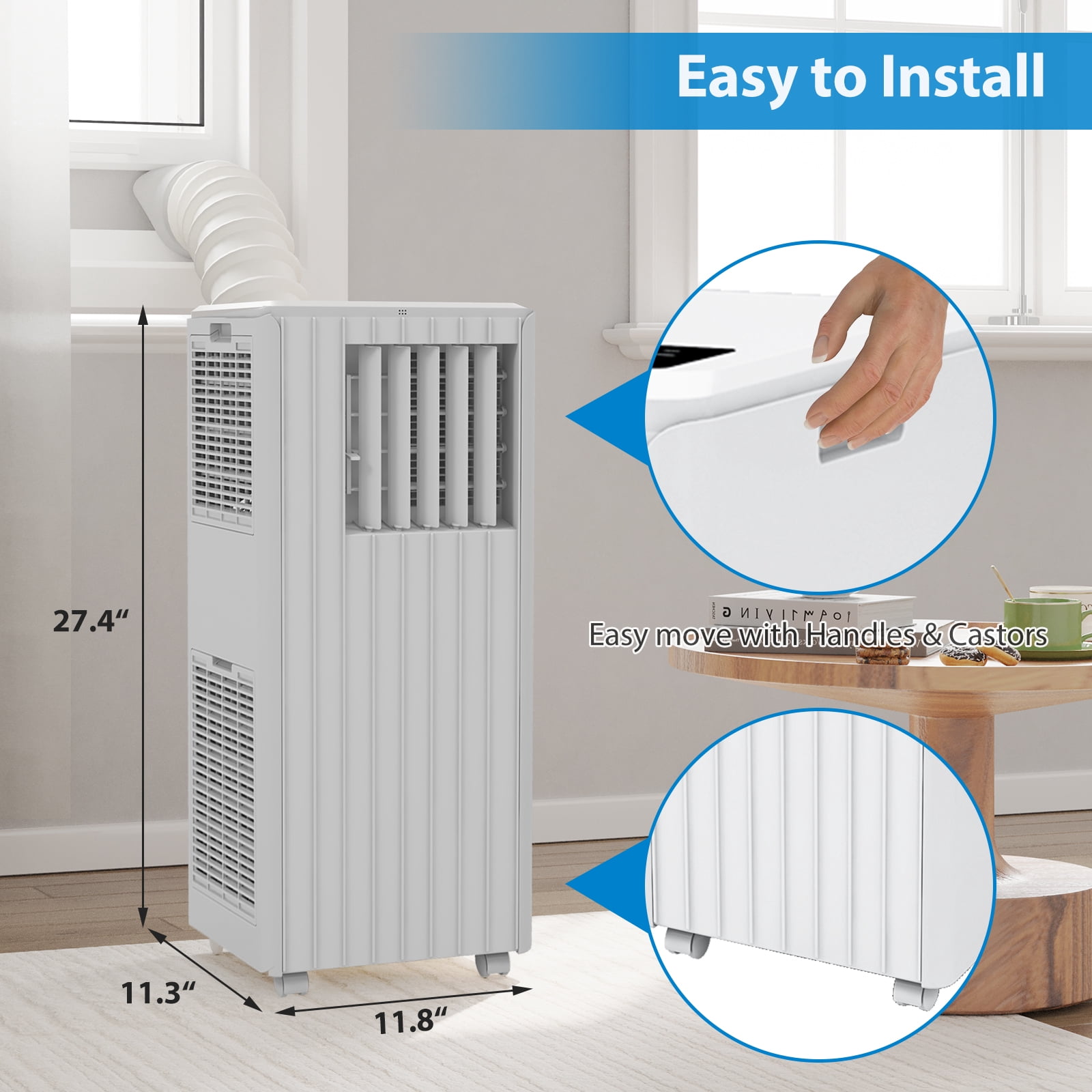 Portable Air Conditioner 8000 BTU, 3-in-1 Compact AC Unit with Cooling, Dehumidifier & Fan, Quiet Operation with 24H Timer, Remote Control & Window Kit for Rooms up to 350 Sq.Ft.