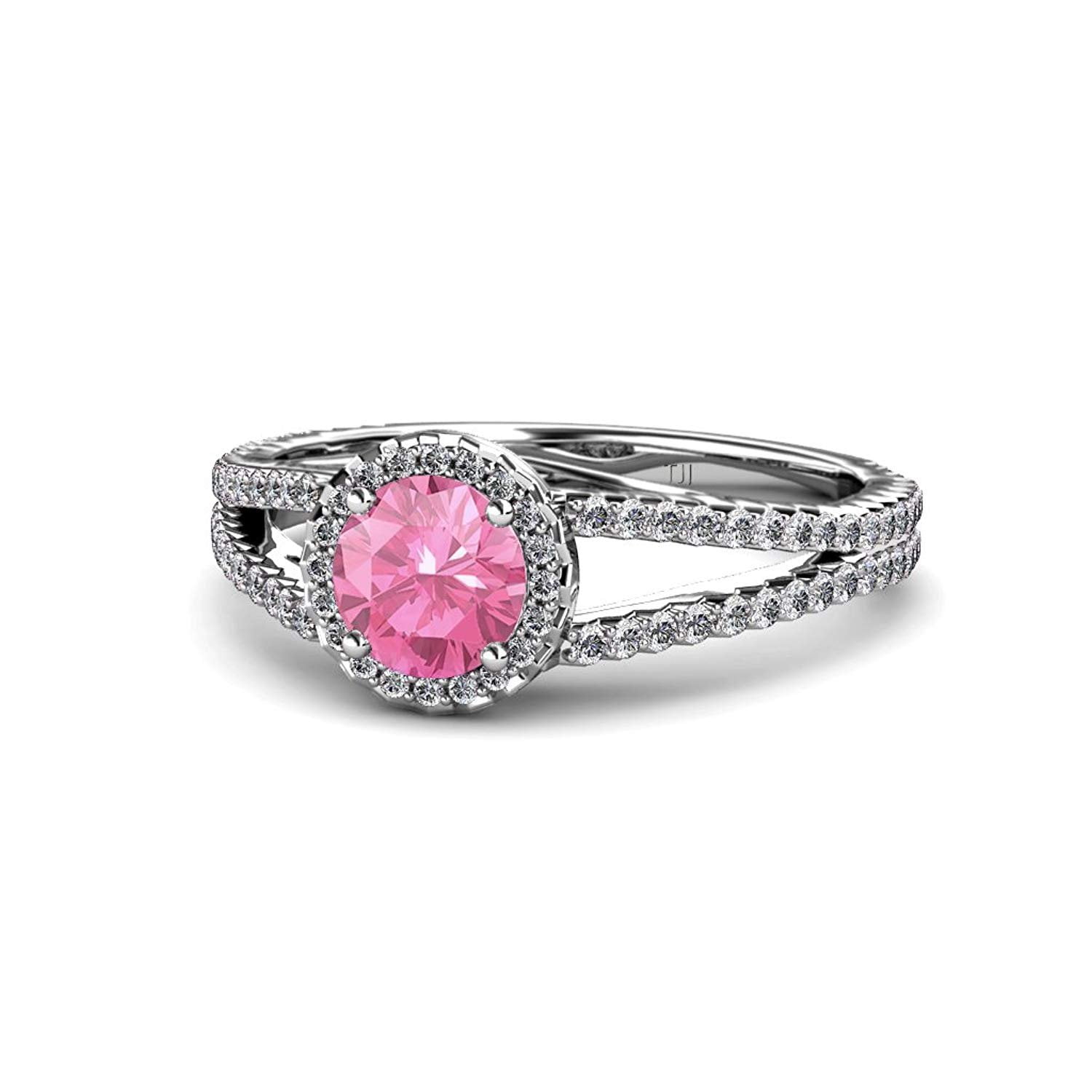 Pink Tourmaline and Diamond (SI2-I1, G-H) Halo Engagement Ring 1.38 ct tw in 14K White Gold.size 4.5 by TriJewels