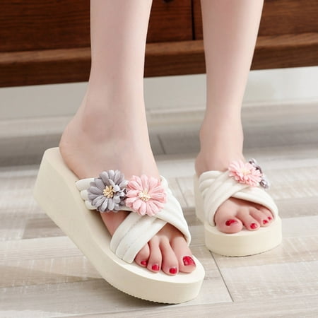 

Krdevn House Slippers for Woman Fashion Spring And Summer Ladies Slippers Thick Bottom Slope Heel Lightweight Solid Color Flower Casual Beach Style -Beige 41