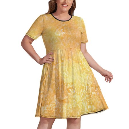 SKYSONIC White Milk Silk Dress, Elegant Gold Glitter Sparkle Confetti Womens Plus Size Midi Dresses, Oversized Short Sleeve Loose Fit Going Out Dresses, L