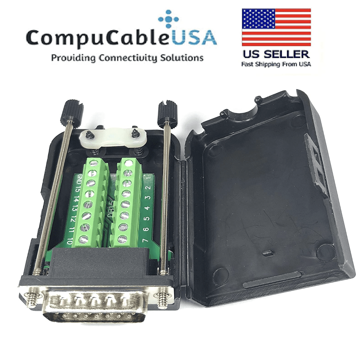 CompuCablePlusUSA.com Best DB15 Male Solderless Breakout Terminal Block Connector with Case with Thumb Screws Kit