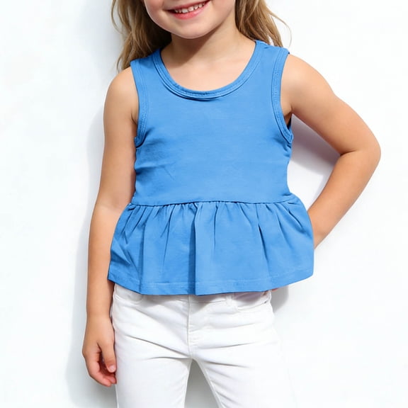 Kukoosong Girl's Peplum Hem Sleeveless Tank Top, Kids Round Neck Ruffle Blouse, Casual Solid Color Summer Vest Shirts for Girls, Multiple Colors Available