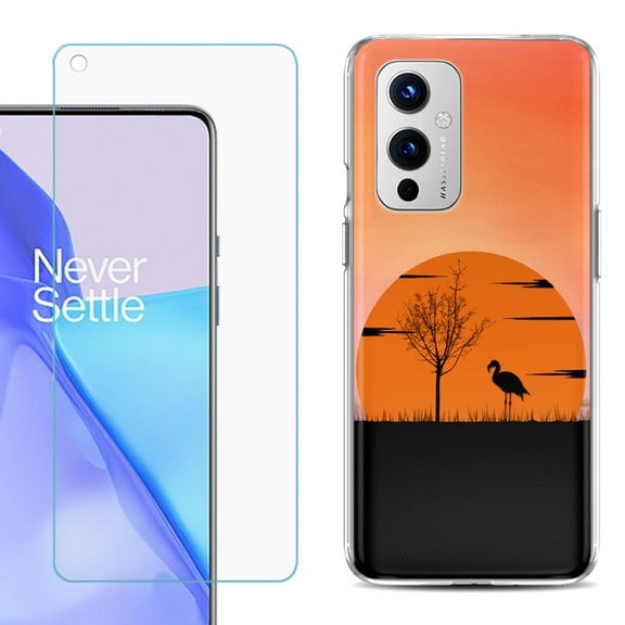 Slim-Fit TPU Phone Case Compatible with OnePlus 9 5G, with Tempered Glass Screen Protector, by OneToughShield ® - Sunset Flamingo