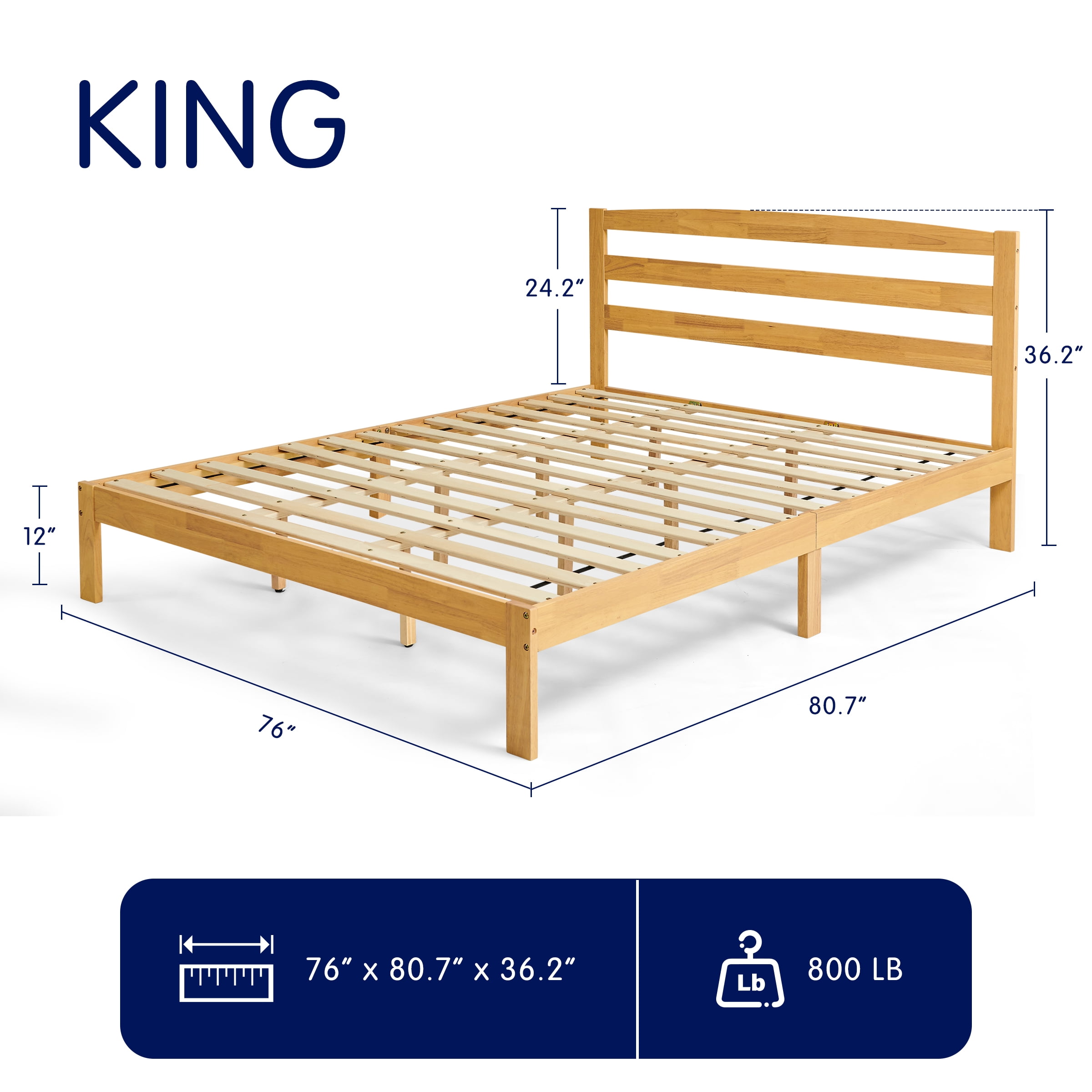 King Bed Frame, Wood Bed Platform with Headboard, No Box Spring, Natural