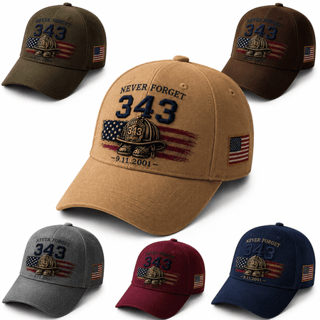 Never Forget 343 Memorial Cap 9/11 25th Anniversary Remembrance Hat Embroidered Firefighter Tribute Baseball Cap Adjustable Patriotic Hat Brown