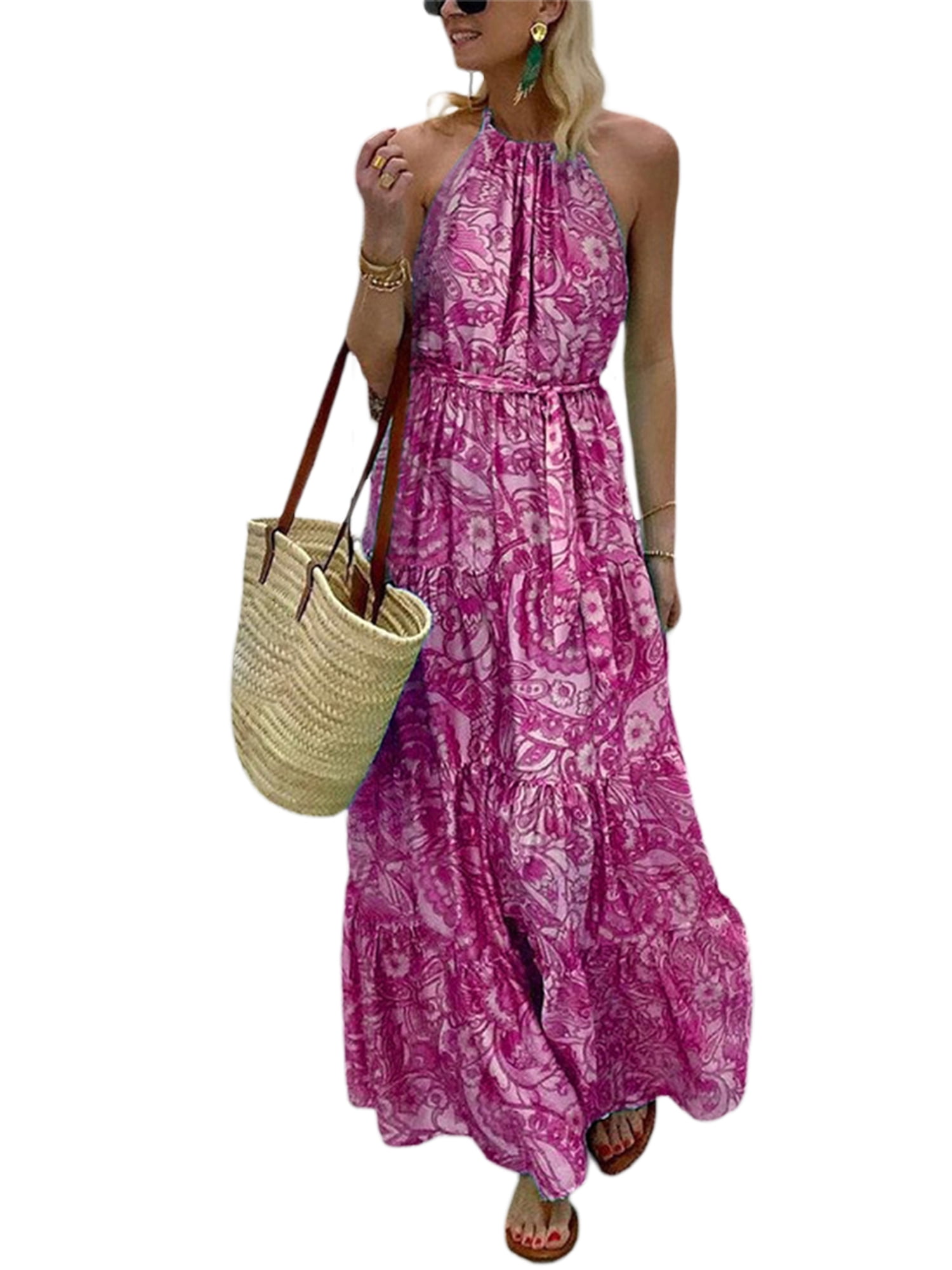 PRETTYGARDEN Women's Casual Halter Neck Sleeveless Floral Long Maxi Dress  Backle
