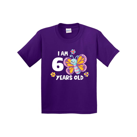 Inktastic I Am 6 Years Old Cute Smiling Butterfly with Flowers Youth T-Shirt