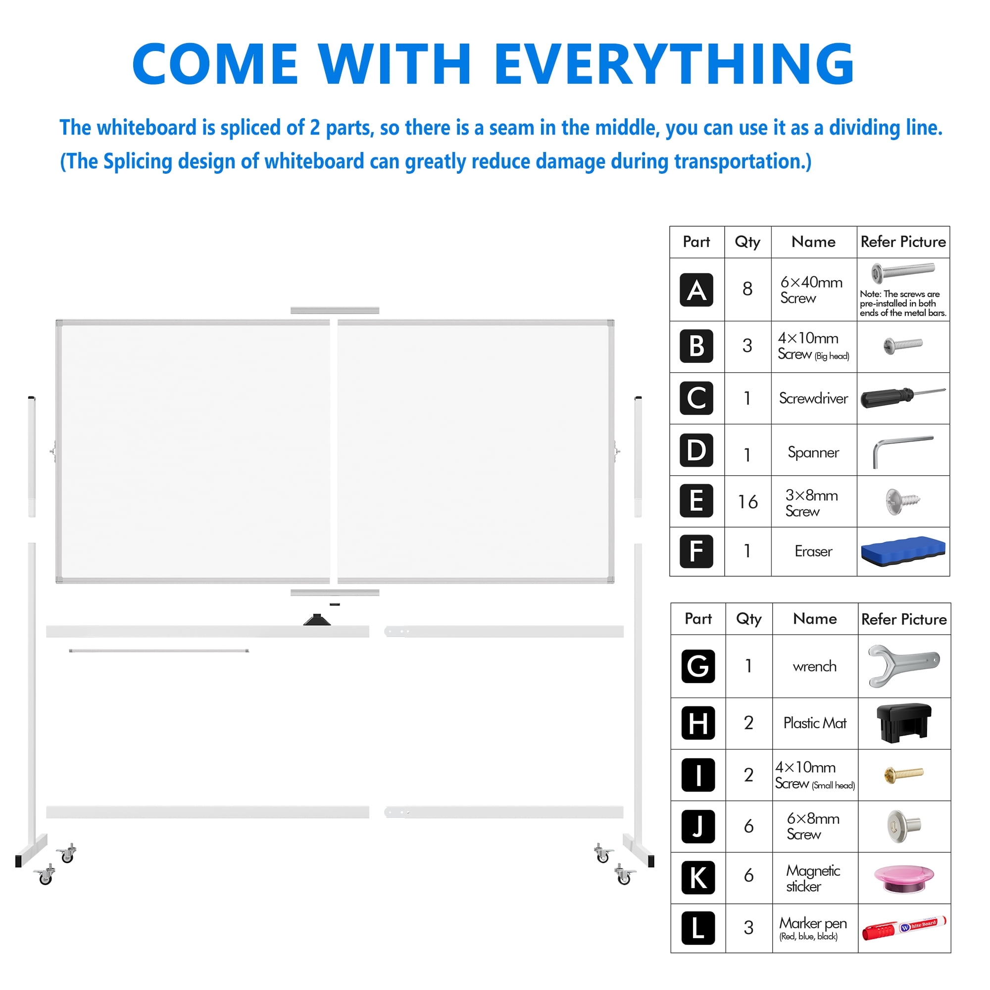 Tooloton Rolling Whiteboard,72"x36" White Board with Stands Movable Dry Erase Board on Wheels, Large Double Sided Standing Whiteboard for Office School Classroom Presentation Supplies