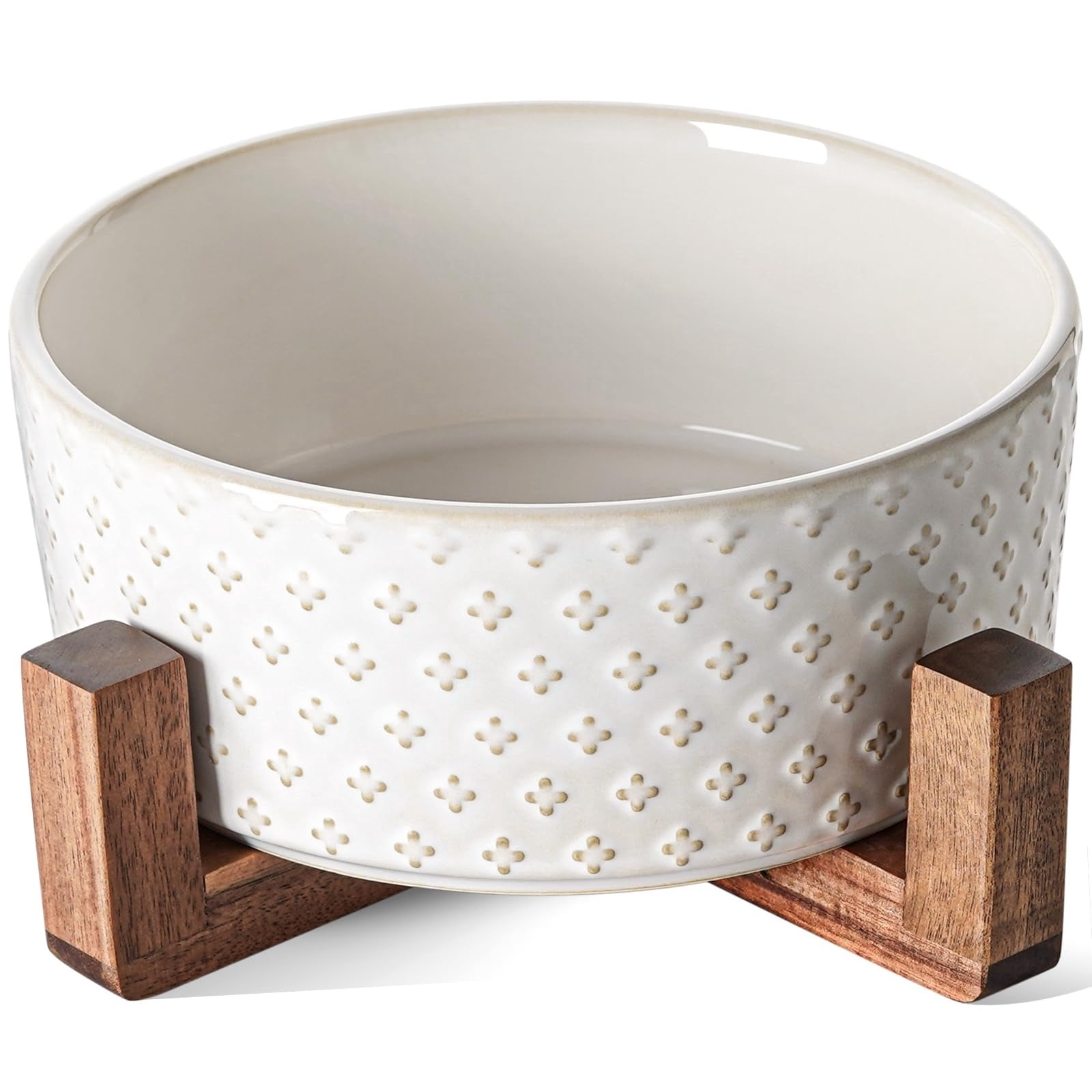 Dog Bowl Set with Acacia Wood Stand - 1.5-Cup Ceramic Puppy Bowls for Small Dogs, Dual Food and Water Bowls with Weighted Non-Slip Base
