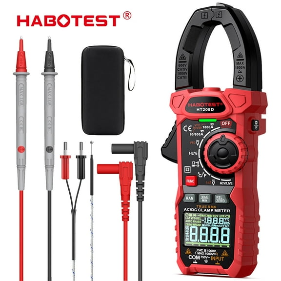 HABOTEST HT208D Inrush Clamp Meter 1000A True RMS AC/DC Current Amp Meter, VFD, LOZ Mode, 6000 Counts, Measures Current Voltage Temperature Capacitance Resistance Diodes Continuity Duty-Cycle