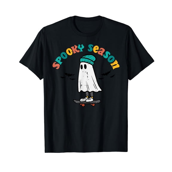 Ghost Skateboard Spooky Season Retro Halloween Costume Men Women Short Sleeve T-Shirt Black Casual Tee