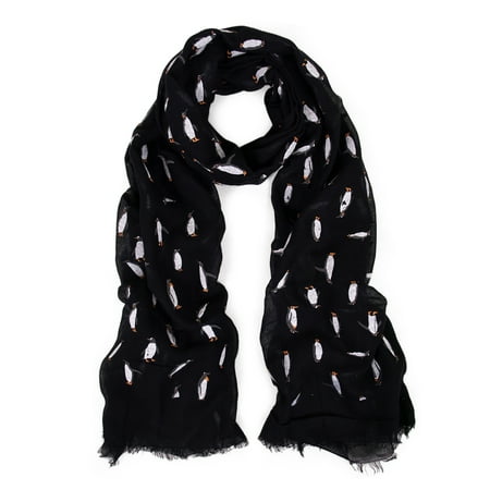 - Adorable Penguin Animal Print Fun Pattern Trendy Frayed End Fashion Scarf Wrap
