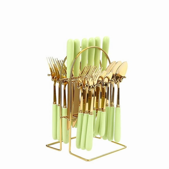 Zhuge 24Pcs Silverware Set, Stainless Steel Cutlery Set with Holder, Flatware Set for 7 Person Tableware Set - Gold,Green
