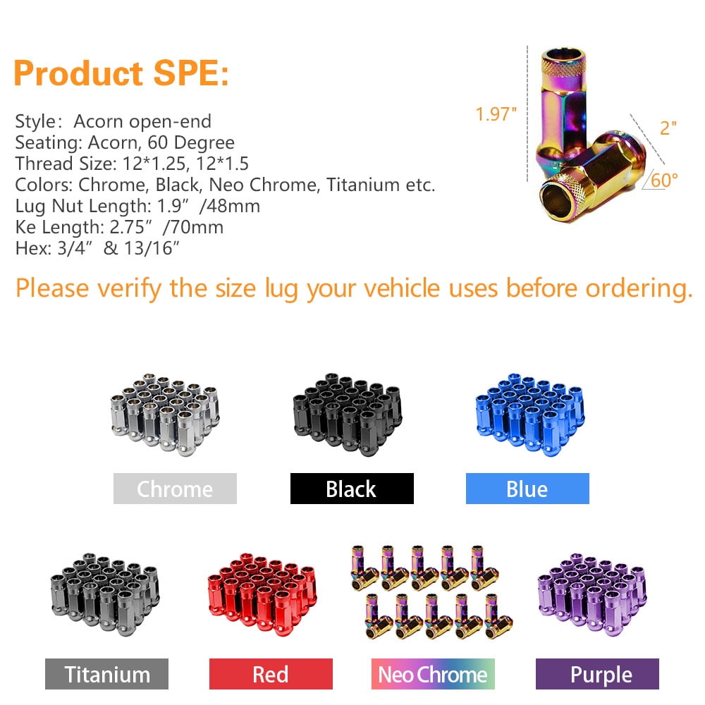 MUTEKI SR48 Series Titanium Grey 12mm x 1.5" Thread Size Open End Lug Nut with Key (Set 20)