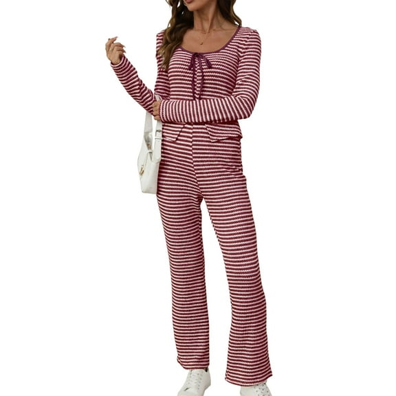 Women 2 Piece Knit Set Soft Stretchy Striped Long Sleeve Self-Tie Front Top High Waist Flare Pants Wine Red XL