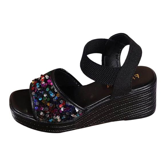 IUJSOY Women's Platform Wedge Sequin Sandals Slip on Square Toe Elastic Ankle Strap Sandals