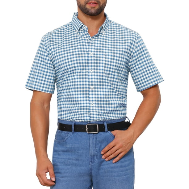 Camisas de hombre INSPIRE CHIC con cuello puntiagudo, de manga corta, a cuadros, con botones, camisa de vestir, L azul y blanco