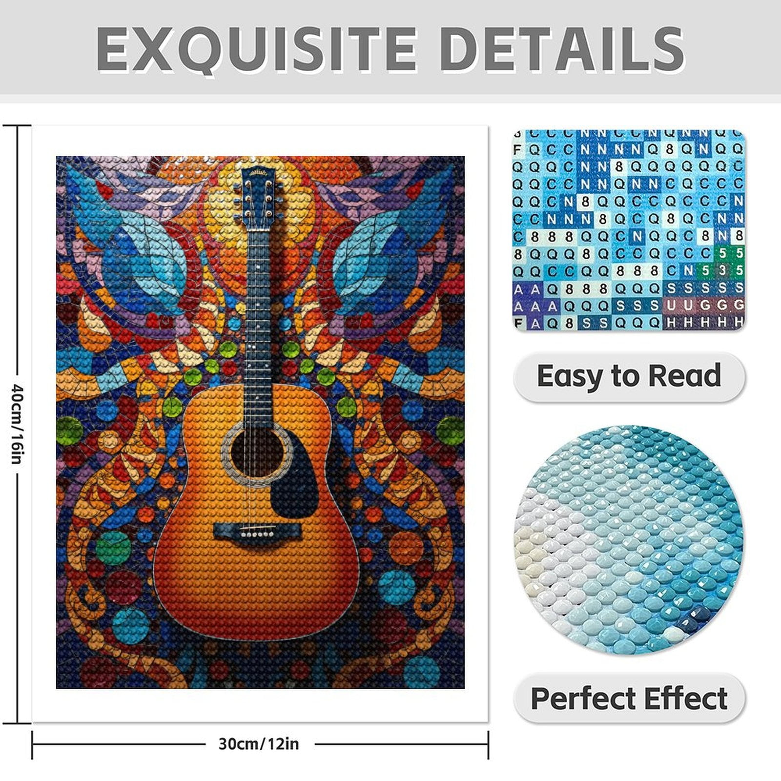 Diamond Art Kit for Adults, Guitar Vibrant Mosaic Art Display Diamond Painting for Adults Beginners, 5D DIY Diamond Art Painting Kits, Colorful Diamond Painting Craft for Home Decor 12x16