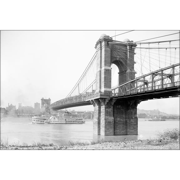 24"x36" Gallery Poster, John A. Roebling Suspension Bridge in Cincinnati, Ohio. Taken c1907