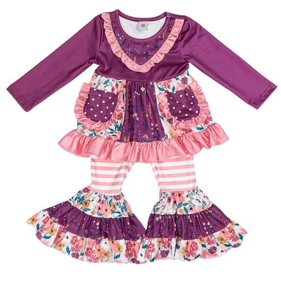 Dash of Glitter Girls Long Sleeve Pink & Purple Floral Two Piece Bell Pant Set, Sizes 2T-10