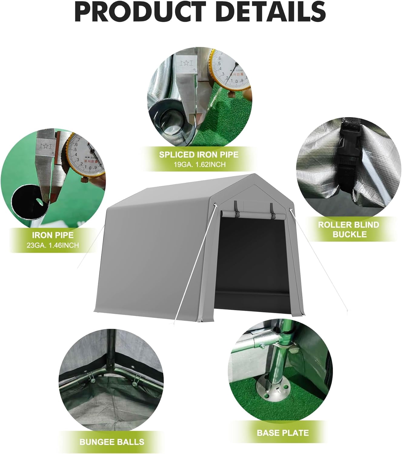 Motorcycle Storage Sheds 6x8 FT, Portable Shed with Rolled up Zipper Door, Waterproof, Storage Tent Heavy Duty for Motorcycle, Bike, Firewood, Garden Tools, Grey