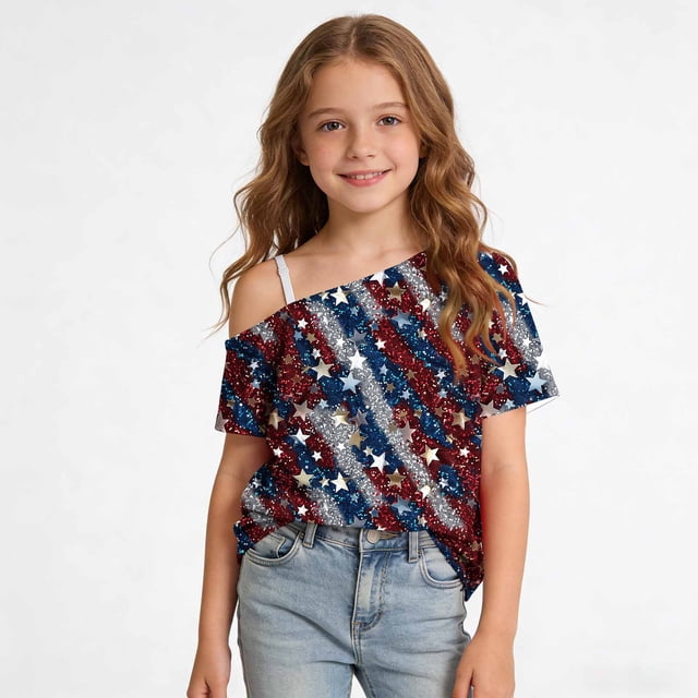 Odeerbi Niñas 4 de Julio Camiseta de Un Hombro Manga Corta Día de La Independencia Tops Gráficos