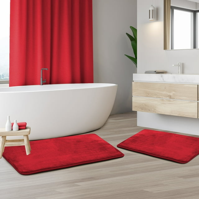 Set of 2 Small Clara Clark Bath Mat Bathroom Rug - Absorbent Memory Foam Bath Rugs - Non-Slip, Thick, Cozy Velvet Feel Microfiber Bathrug, Plush Shower, Toilet- Floor Bathmats Carpet - Red - 17"x24"