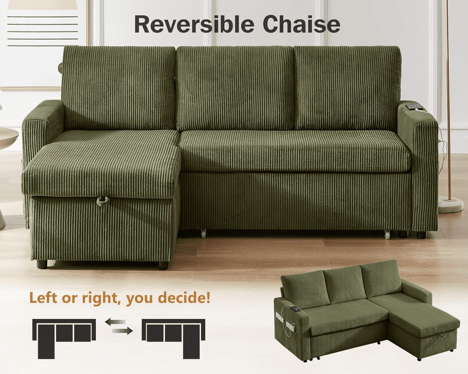 81"L-Shape Convertible Sleeper Sectional Sofa with Storage Chaise and Pull-Out Bed,Reversible Corner 3 Person Couch, for Living Room, Apartment,USB Ports