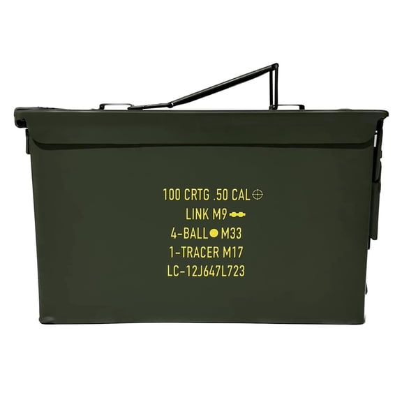 U.S. Military Issue 50 Cal Ammo Can (M2A1/M2A2), Solid Alloy Steel Storage Containers – Watertight & Airtight Army Ammo Box w/Hinged Lid, Locking Latch - Military Grade Ammo Cans Metal
