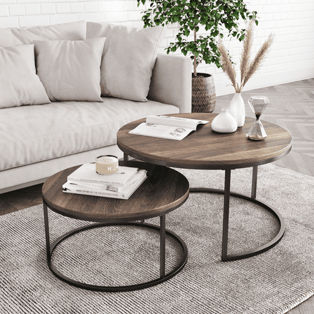 Stella Round Nesting or Stacking Coffee Table Set of 2 Wood Finish Metal Frame, Warm Nutmeg/Black