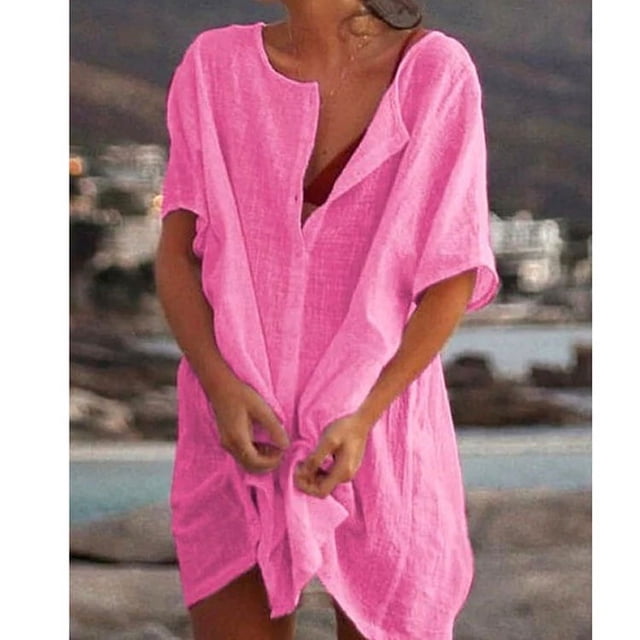 Faithtur Bikini pour Femmes Cover-Ups Couleur Unie Col Rond Manches Courtes Boutonné Chemises d'Été Mini Robe de Plage