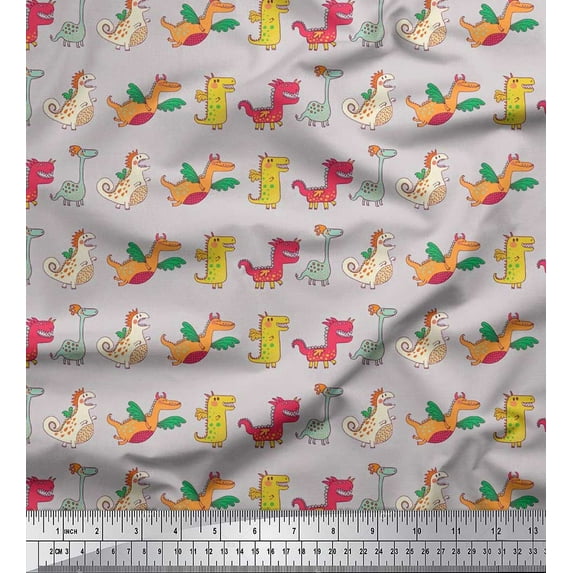 Soimoi Poly Crepe Fabric Stripe & Dinosaur Kids Print Fabric by The Yard 42 Inch Wide