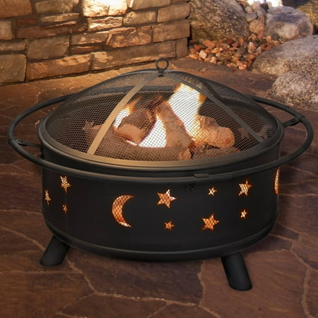 Outdoor Fire Pit Tools Sets Fire Pit Set, Wood Burning Pit - Includes Screen, Cover and Log Poker- Great for Outdoor and Patio, 30 inch Round Star and Moon Firepit by Pure Garden ()