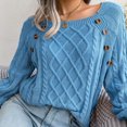 thumbnail image 2 of Defitshape Women's Cable Knit Sweater Long Sleeve Fall Top Boat Neck Soft Button Bishop Sleeve Spring Elegant Winter Thick Loose Fit Knitwear Knitted Pullover Sweater Blue Large, 2 of 5