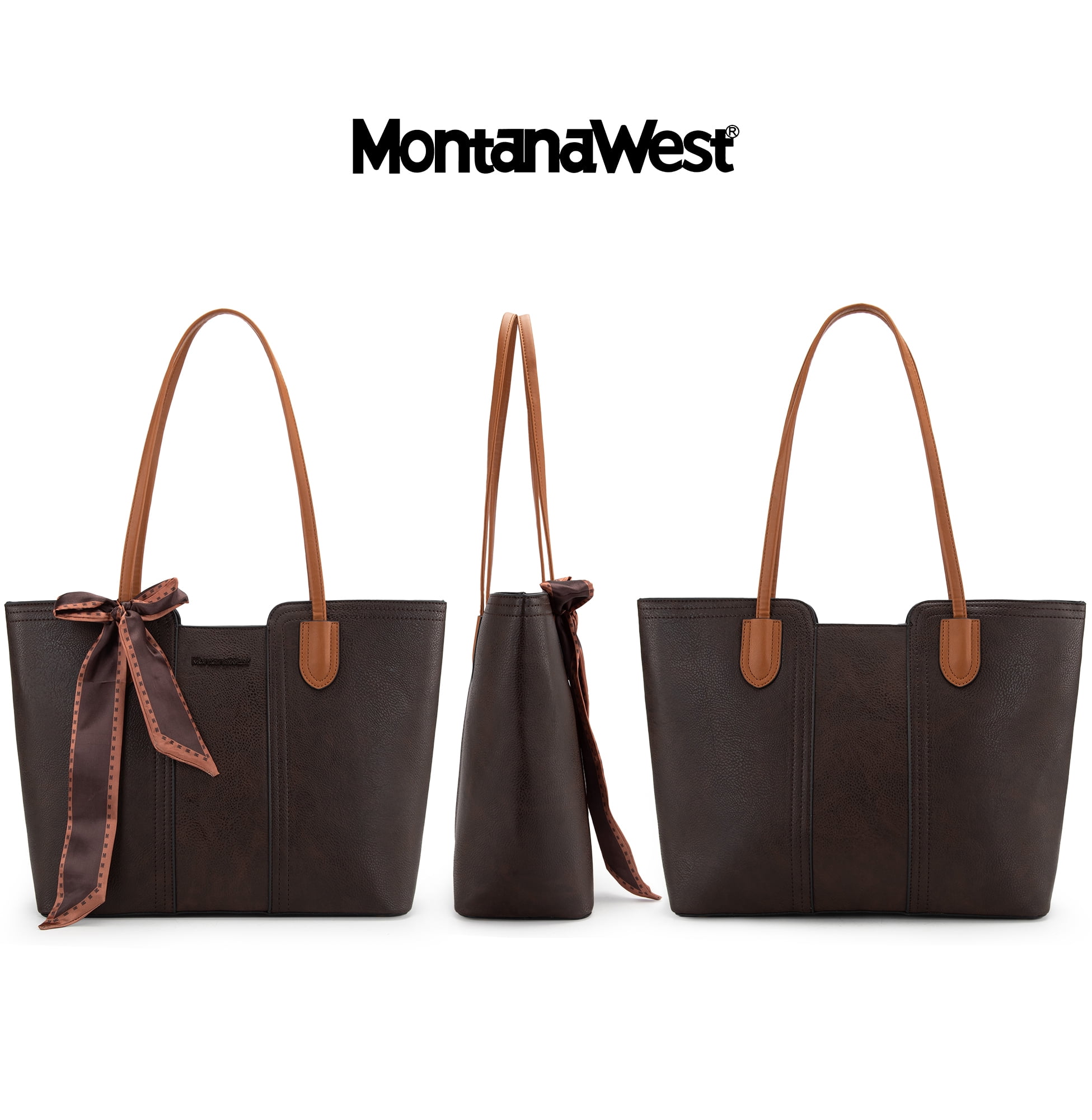 Montana West Tote Bags for Women Medium Top Handle Handbags with Scarf, Coffee