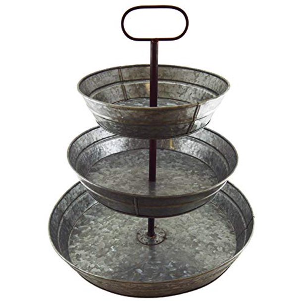 3 Tier Galvanized Steel Serving Tray with Handle, Rustic Vintage