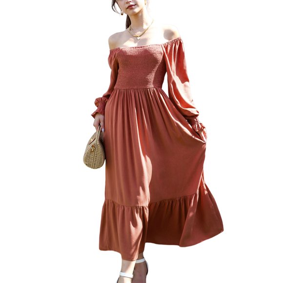 Women's Square Neck Shirred Ruffle Hem Long Sleeve Maxi Dress