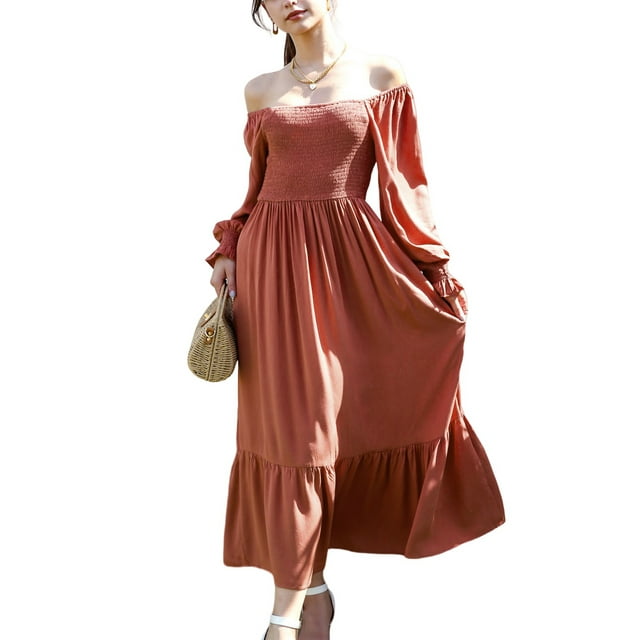 Women's Square Neck Shirred Ruffle Hem Long Sleeve Maxi Dress
