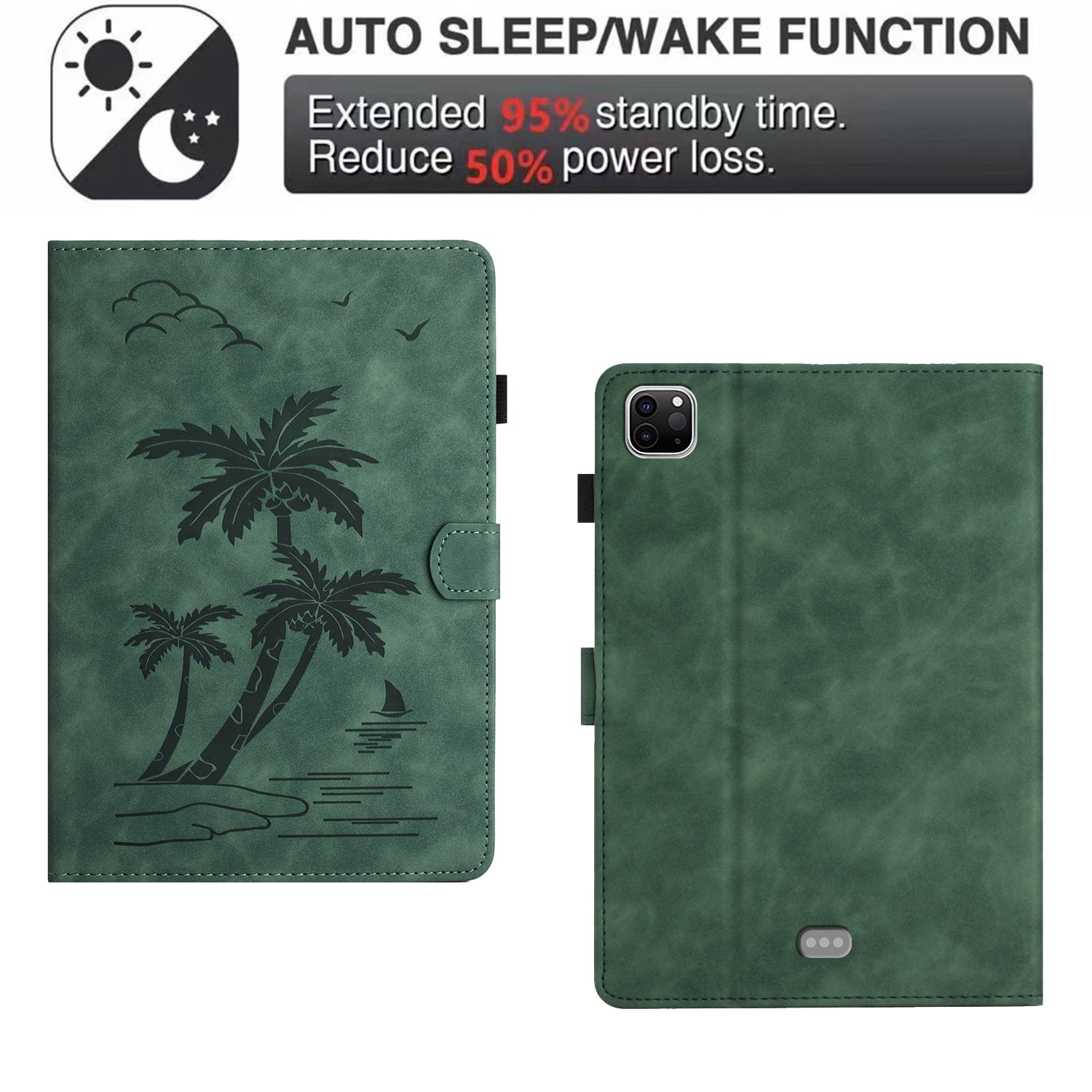 Allytechgroup iPad Air 11 Case 2024, Embossed Coconut Tree Pattern Cover, Auto Sleep Wake Function with Flip Cover Stand and Pencil Holder Case for Apple iPad Air 11 Inch 2024 Tablet,Green