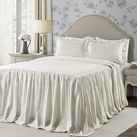Lush Decor Ticking Stripe Ruffle Detail Polyester Bedspread, King, Wheat, 3-Pc Set