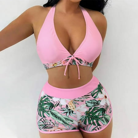 OKBOP Bikinis Silver Bikini Fashion Floral Print Halter Split Print High Waist Beachwear Set Swimsuits for Teens Summer Clearance