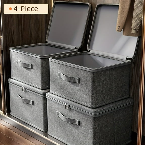 4-Pack Extra Large Stackable Storage Boxes, Zippered Herringbone Design Organizer for Closet Kitchen Under-Bed Storage of Books Toys Clothes