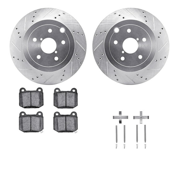 Dynamic Friction Company Rear Brake Rotors-Drilled and Slotted-Silver with 5000 Advanced Brake Pads includes Hardware 7512-13027