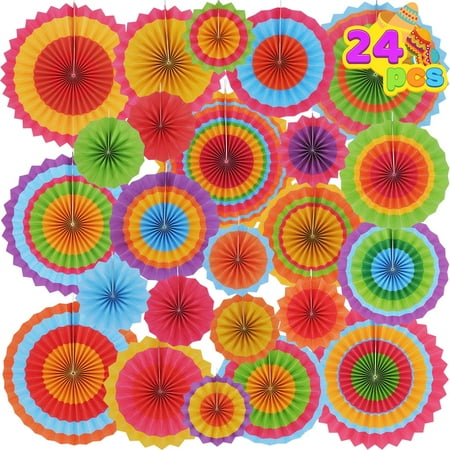 JOYIN 24 Pcs Paper Fans Party Decorations,Hanging Paper Fans Fiesta Party Decorations Mexican Paper Flowers for Cinco de Mayo Colorful Fans Pompoms Carnival Party Shower Decoration