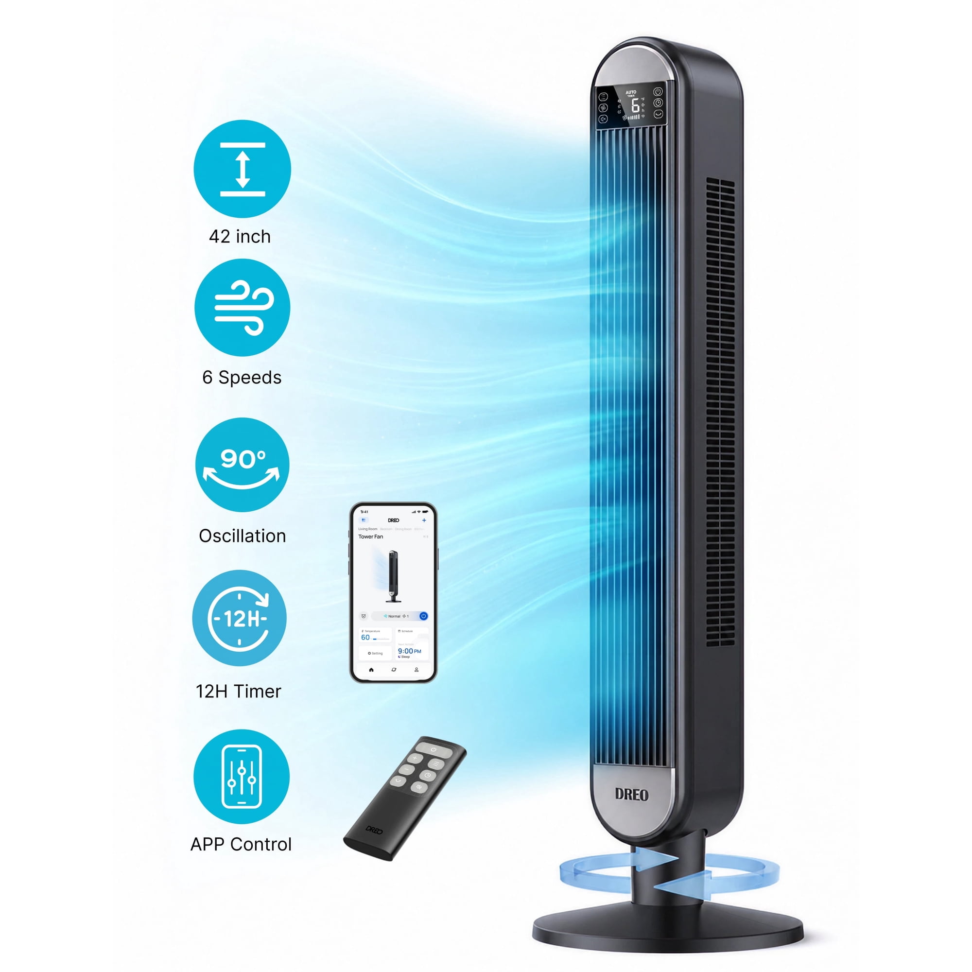 DREO 42" Smart Tower Fan for Home, Standing Bladeless Fan with WiFi Voice Control, 90° Oscillating Fan with LED Display, 12H Timer, 6 Speeds 4 Modes, 25ft/s High Velocity, Ultra Quiet Bedroom Fa