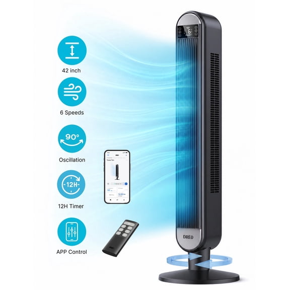 DREO 42" Smart Tower Fan for Home, Standing Bladeless Fan with WiFi Voice Control, 90° Oscillating Fan with LED Display, 12H Timer, 6 Speeds 4 Modes, 25ft/s High Velocity, Ultra Quiet Bedroom Fa