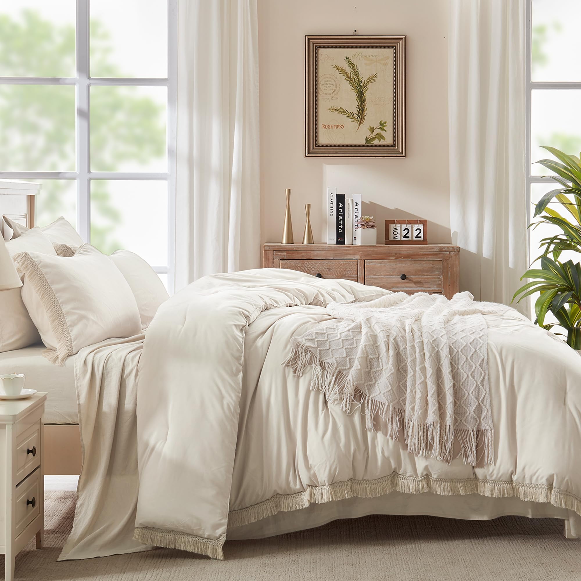 Andency King Size Comforter Sets Beige - 7 Pieces Bed in a Bag Soft Fluffy Bedding Comforter Sets for King Size Bed - Lightweight Cream Boho Tassel Bed Set with Comforter, Sheets, Pillowcases & Shams