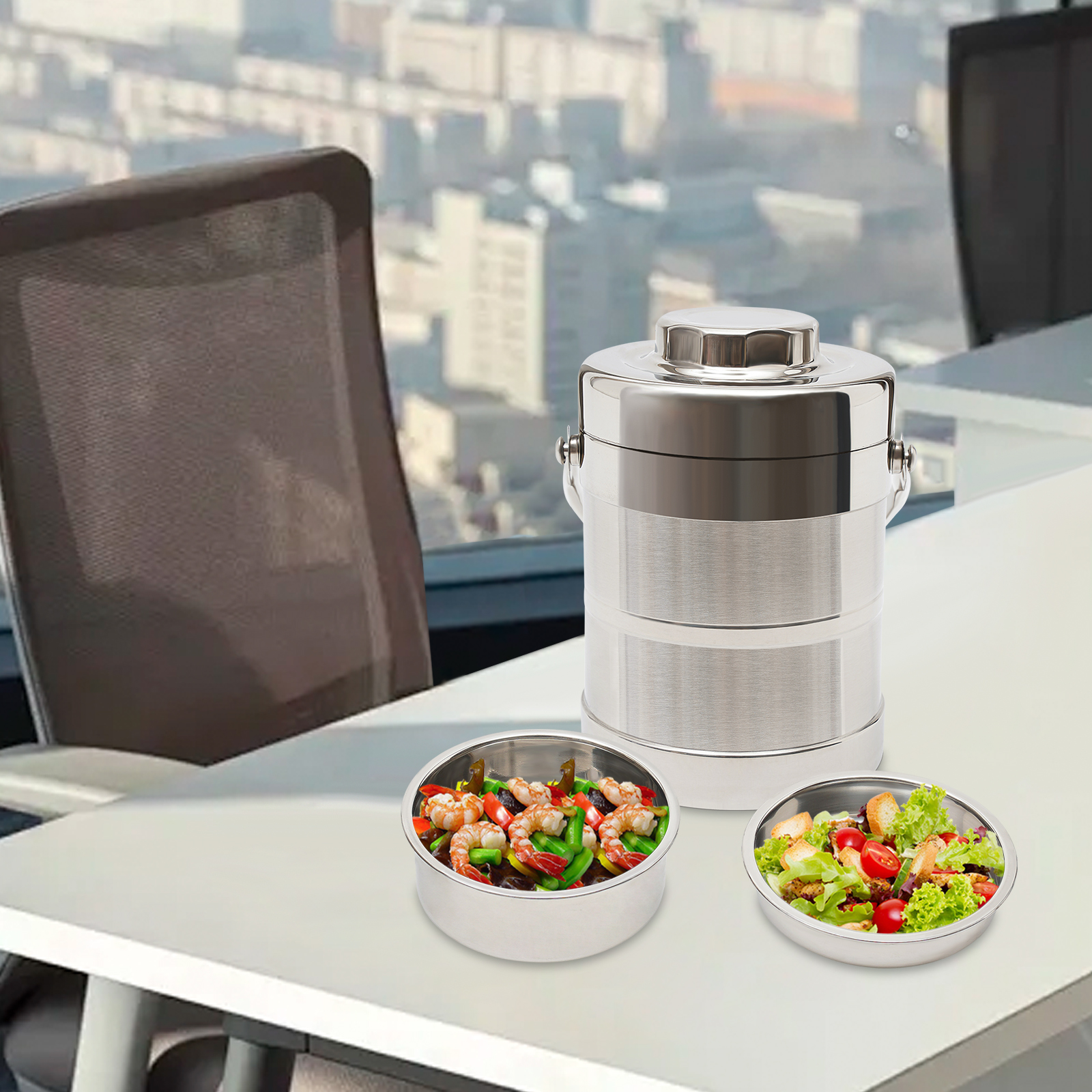 Multi-Compartment Insulated Lunch Box, 1.4L Capacity Stainless Steel Food Container, 3-Hour Thermal Retention for Office Use