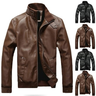 USNSM Men's Stand Collar Leather Jacket Coat Motorcycle