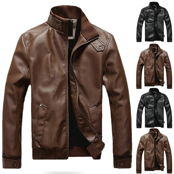 Miluxas Men's Stand Collar Leather Jacket Motorcycle Lightweight Faux Leather Outwear Brown